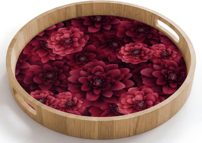 Dienblad rond 40x40 cm - Schootdienblad hout - Dahlias - Bloemen - Rood - Borrelplank rechthoek - Plateau houten dienbladen