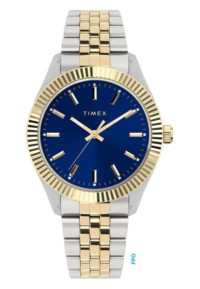 Timex Legacy Quartz Analoog Horloge Tweekleurig En Blauw Kast Gemaakt Van 100% Roestvrij Staal En Een Armband Van 100% Roestvrij Staal 36 TW2Y20200AJ