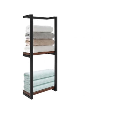 Solvix Handdoekrek – Wandrek – Wandplank – Doucherek voor Badkamer – Dubbele Handdoekhouder – Metaal/Houtlook – Wandmontage – Zwart/Bruin