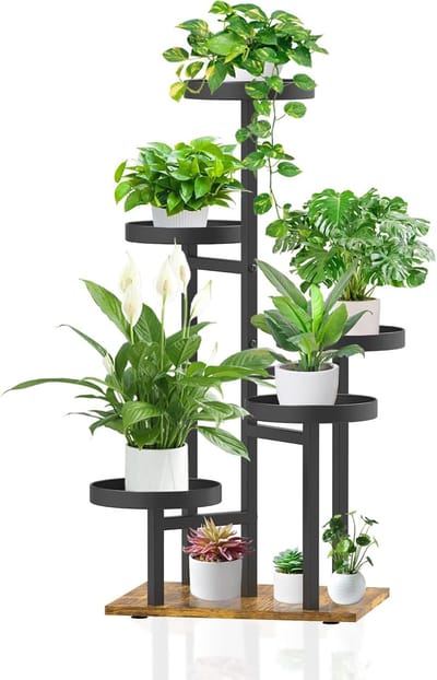 Metalen plantenstandaard met 5 niveaus, plantenrek - bloemenrek, voor binnen en buiten - houten bloemenstandaard, bloemen-plantenrek voor binnen voor tuin, balkon en woonkamer (zwart)