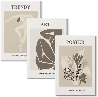 Wallfluent Set van canvas schilderijen - Menselijke figuren met planten van Henri Matisse Canvas Schilderijen Set - set 3 stuks 20x30 cm - Beige Set van Canvas Prints - Deel Canvas Kunst Set - Boheemse Canvas Kunst Set