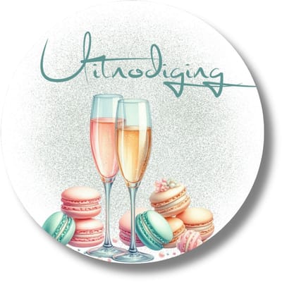 Stickers Uitnodiging – 20x Rond 4 cm – Champagneglazen & Macarons – Pasteltinten – Feestelijke Sluitstickers