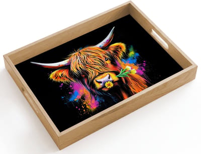 Dienblad hout 40x30 cm - Schootdienblad - Schotse Hooglander - Graffiti - Kleurrijk - Bloem - Dieren - Borrelplank rechthoek - Plateau dienbladen
