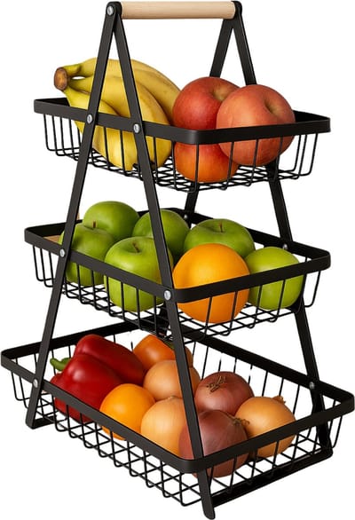 Lomera Fruitrek 3 Lagen - Fruitmand Etagere - Metaal en Hout - Zwart Metaal - Keuken Organizer - Aanrecht Organizer - 3 Manden - Stijlvolle Fruitmand - Draadmand - Groentemand - Vrijstaand Opbergrek - Keukenopslag
