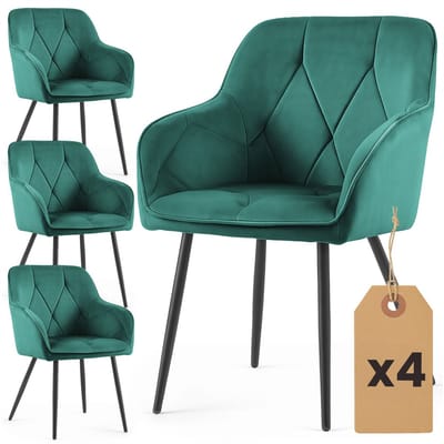 Set van 4 Eetkamerstoelen DIAMANTE met Armleuningen / Gestoffeerde Stoelen / Fluwelen Stoelen en Metalen Poten / Flesgroen met zwarte benen