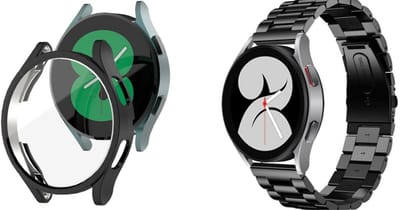 Strap-it Stalen Schakel Band + TPU Case (Zwart) - Geschikt voor Samsung Galaxy Watch 4 40mm - Metalen RVS Band voor Galaxy Watch 4 - Schakelarmband - Luxe & duurzame bescherming - Zwart