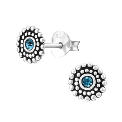 Joy|S - Zilveren Bali rond oorbellen - 6 mm oorknopjes - montana blauw kristal - geoxideerd