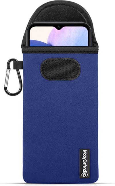 MobyDefend Hoesje - Geschikt voor Samsung Galaxy A14 - Neopreen Pouch Met Karabijnhaak - Insteek - Riemlus - Blauw