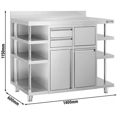 GGM Gastro Arbeitsschrank - für Kaffeemaschine - 1400x600mm - mit 1 Flügeltür, 2 Schubladen, Mülleimer, 6 Ablagen & Aufkantung