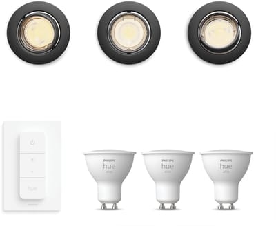 Philips Hue Peridot Set van 3 Inbouwspots (Zwart) - Rond - Richtbaar - GU10 - Warmwit Licht - Incl. Hue Dimmer Switch - Hue White