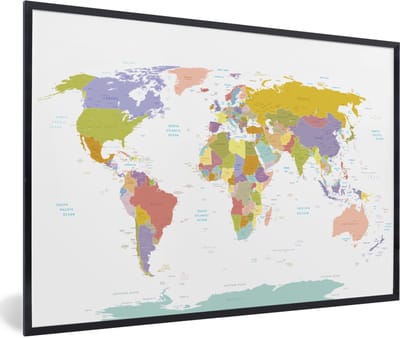Poster in lijst - Fotolijst 90x60 cm - Posters - Wereldkaart - Topografie - Kleuren - Kind - Jongen - Meiden - Posterlijst zwart - Decoratie - Wanddecoratie woonkamer - Muurdecoratie slaapkamer