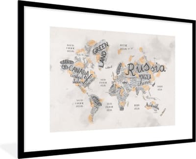 Poster in lijst - Fotolijst 120x80 cm - Posters - Wereldkaart - Letters - Bruin - Posterlijst zwart - Decoratie - Wanddecoratie woonkamer - Muurdecoratie slaapkamer