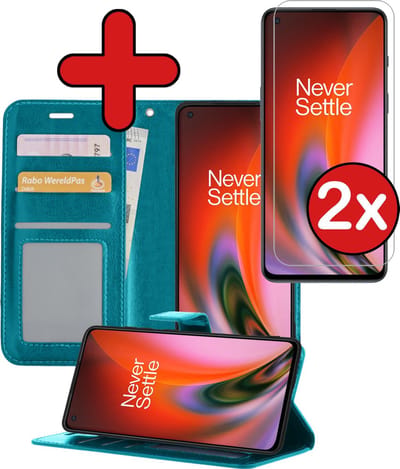 Hoesje - Met 2x Screenprotector - Geschikt voor OnePlus Nord 2 - Luxe Pasjeshouder - Flip Case - Bookcase Portemonee - Kunstleer Book Case - Flipcase Hoes - Book Cover - Walletcase - Portemonneehoes - Telefoonhoes - Turquoise