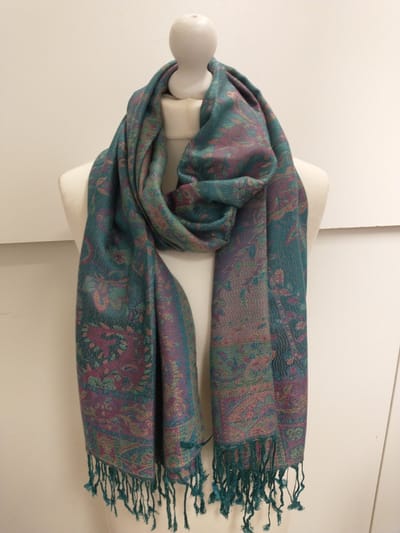 Lange dames sjaal Amaya-gebloemd motief-paisleymotief-donker mos groen fuchsia geel oranje lime
