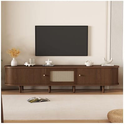 Support TV ovale en noyer foncé, design rotin - 180 cm design MDF, pieds réglables, capacité de charge 30 kg