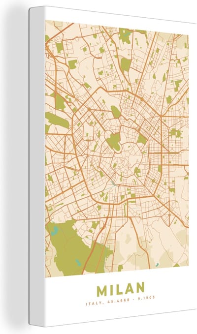 Canvas Schilderij Milaan - Stadskaart - Vintage - Plattegrond - Kaart - 20x30 cm - Wanddecoratie