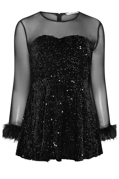 Yours London Zwarte Top Van Mesh En Fluweel Met Pailletten En Bontrand Size 42