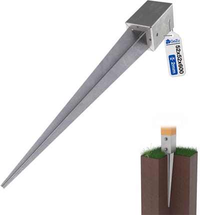 GeZu Impex Paalhouder met punt 52x52x600 mm – Puntpaalhouder Verzinkt – Voor Schutting en Tuinafscheiding