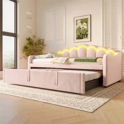 Slaapbank met uitschuifbaar bed, slaapbank, eenpersoonsbed (zonder matras), tweepersoonsbed, fluweel, LED-strip met kleurwisseling, 90x200 cm (180x200 cm), roze