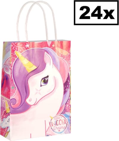 24 STUKS Unicorn / Eenhoorn Traktatie Uitdeel papieren zakjes met handvat - Traktatiezakjes voor uitdeelcadeautjes