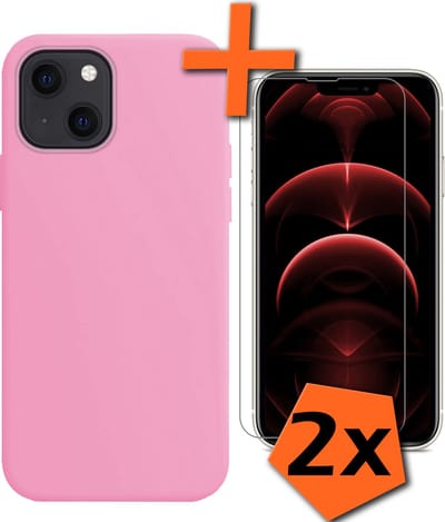 Hoes - Met 2x Screenprotector - Geschikt voor Apple iPhone 14 - Sterk & Shockproof - Back Cover - Siliconen Case - Telefoon Hoes - Lichtroze