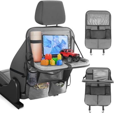 Organiser voor Kinderautostoelen met Vouwbare Tafel en Tablet Houder - 11+2 Opbergvakken, Kickmats Bescherming, Multifunctionele Auto Tidy Organizer voor Laptop en Snacks