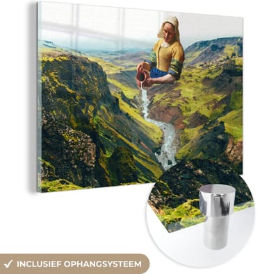 MuchoWow® Glasschilderij 60x40 cm - Schilderij acrylglas - Melkmeisje - Water - Kunst - Foto op glas - Schilderijen