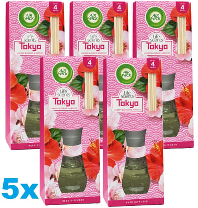 Air Wick Essentials Geurstokjes Tokyo - Cherry, Blossom & Hibiscus - 5 x 25 ml - 5 Stuks