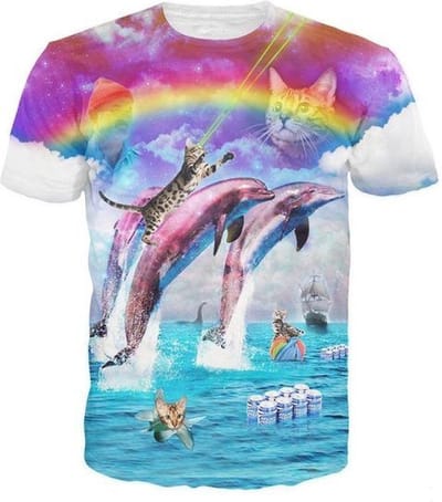 Dolfijn Kattenshirt Festivalshirt - Maat: S - Crew neck - Feestkleding - Festival Outfit - Fout Feest - T-shirt voor festivals - Rave party kleding - Rave outfit - Dolfijn shirt