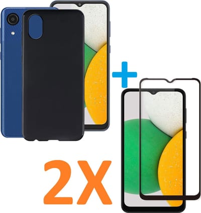 Silicone hoesje zwart met 2 Pack Full Tempered glas Screen Protector Geschikt voor: Samsung Galaxy A03 Core