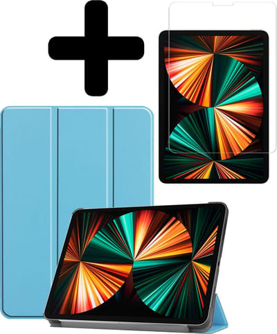 Hoes - Geschikt voor Apple iPad Pro (2021) - 11 inch - 3e generatie - Met Screenprotector - Trifold Bookcase - Hard Cover - Hardcover Book Case - Tablet Hoesje - Lichtblauw