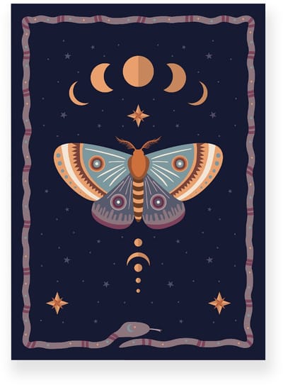 Poster 20x30 cm - Nachtvlinder - Maanfases - Donkerblauw - Oranje - Bohemian - Spiritueel - Muurdecoratie - Wanddecoratie