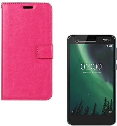 Bookcase Geschikt voor: Nokia 2 Portemonnee hoesje roze met 2 stuks Glas Screen protector