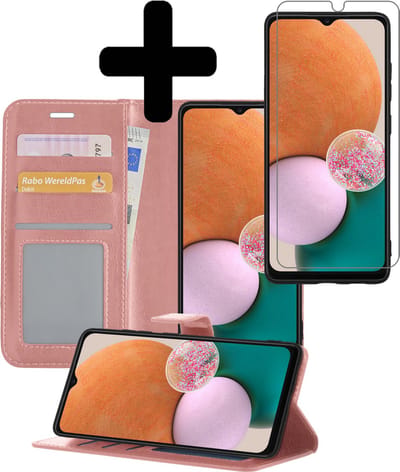 Hoesje - Met Screenprotector - Geschikt voor Samsung Galaxy A13 4G - Luxe Pasjeshouder - Bookcase Portemonee - Flip Case - Kunstleer Book Case - Flipcase - Book Cover - Walletcase - Portemonneehoes - Telefoonhoesjes - Rosé goud