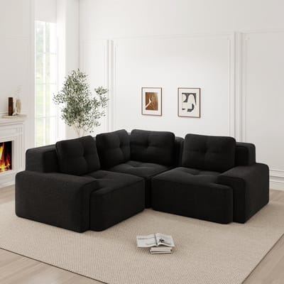MODENUIT Hoekbank Zonder Frame - Modulair Combineerbaar Met Diepe Zitting - Voor Woonkamer En Kantoor - Cord Zwart