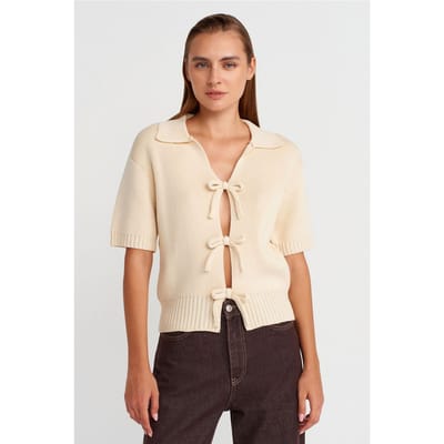 Dames Geribbelde Acryl Polo Cardigan Met Strik Voorzijde