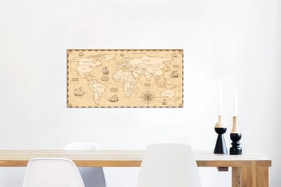 Wanddecoratie Metaal - Aluminium Schilderij Industrieel - Wereldkaart - Vintage - Boot - Windroos - 120x60 cm - Dibond - Foto op aluminium - Industriële muurdecoratie - Voor de woonkamer/slaapkamer