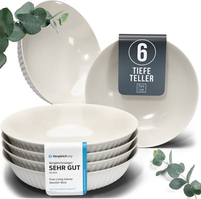 Pure Living Hygge Diepe Borden - Lichtgrijs - 6 Stuks (Ø 20 cm) - Krasbestendig Aardewerk - Magnetronveilig - Vaatwasserbestendig