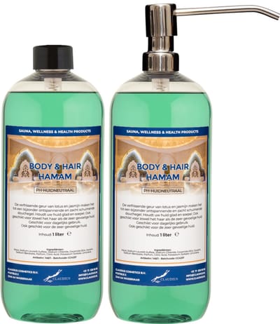 Body & Hair Hamam 1 liter met RVS zilverkleurige pomp - set van 2 stuks - 2 in 1 voor lichaam en haar - voordeelverpakking