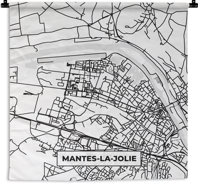 Wandkleed - Wanddoek - Kaart - Plattegrond - Mantes-la-Jolie - Frankrijk - Stadskaart - Zwart wit - 180x180 cm - Wandtapijt