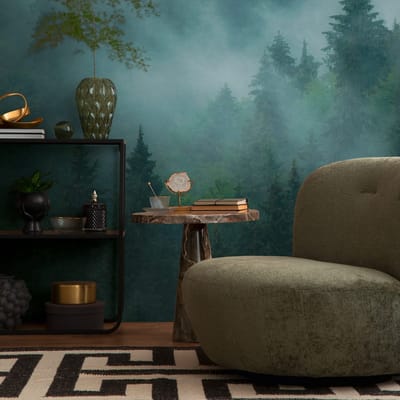 Fotobehang Profhome 398981-GU vliesbehang hardvinyl warmdruk in reliëf glad met bosmotief mat groen blauw petrol 3,71 m x 2,8 m