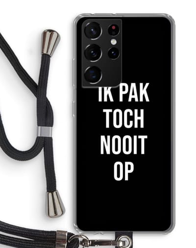 Case Company® - Hoesje met koord geschikt voor Samsung Galaxy S21 Ultra hoesje met Koord - Ik pak nooit op - Zwart - Telefoonhoesje met Zwart Koord - Bescherming aan alle Kanten en Over de Schermrand