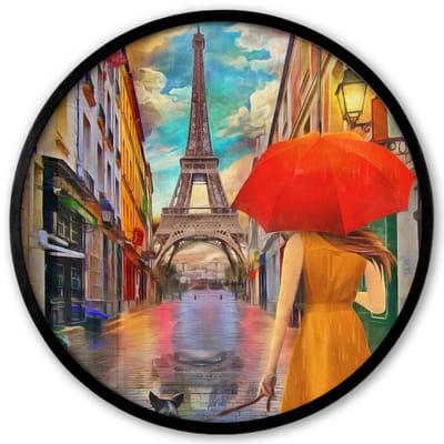 Poster in lijst Rond - Fotolijst 40x40 cm - Posters - Schilderij - Olieverf - Vrouw - Hond - Parijs - Ronde posterlijst zwart - Decoratie - Wanddecoratie woonkamer - Muurdecoratie slaapkamer