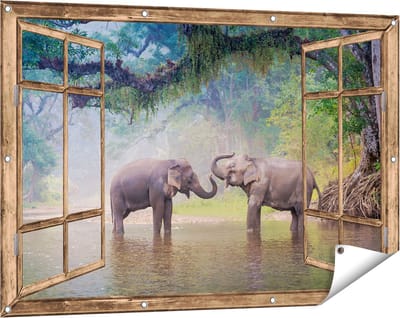 Gards Tuinposter Doorkijk Twee Olifanten in het Water - 120x80 cm - Tuindoek - Tuindecoratie - Wanddecoratie buiten - Tuinschilderij