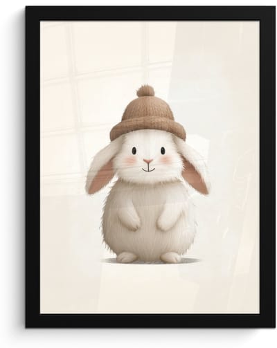 Poster in lijst - Fotolijst 30x40 cm - Posters - Konijn - Muts - Oren - Beige - Posterlijst zwart - Decoratie - Wanddecoratie woonkamer - Muurdecoratie slaapkamer