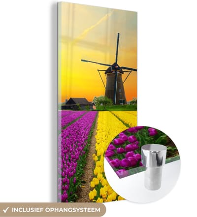 MuchoWow® Glasschilderij 20x40 cm - Schilderij acrylglas - Windmolen - Tulpen - Bloemen - Lente - Foto op glas - Schilderijen
