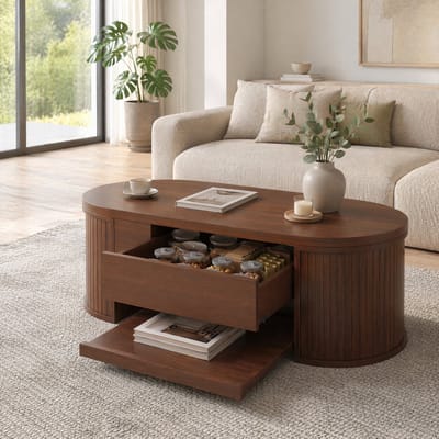MIVRAY Salontafel - In Hoogte Verstelbaar Met Opklapbaar Blad En Uitschuifbare Plank - Voor Wonen En Werken - 110x55,5x40 cm- MDF - Walnoot