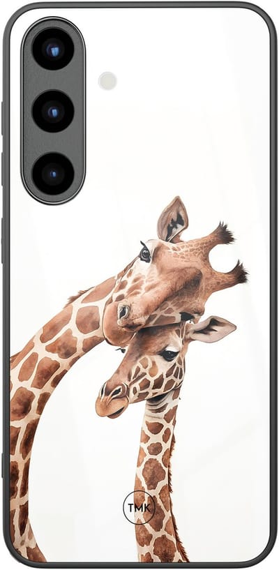 Hoesje geschikt voor Samsung Galaxy S25 - Giraffen - Bruin - TPU luxe case (glossy toplaag) - Print - Hardcase backcover zwart