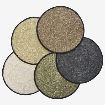 Madam Stoltz - Set van 5 Ronde Zeegras Placemats met Zwarte Rand - Koele Kleuren