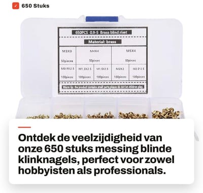 Dailygoods- Klinknagels 650 Stuks - Messing Klinknagels - Holle Ogen - Assortiment - Opbergruimte - Hoge Kwaliteit - Klinknagelset